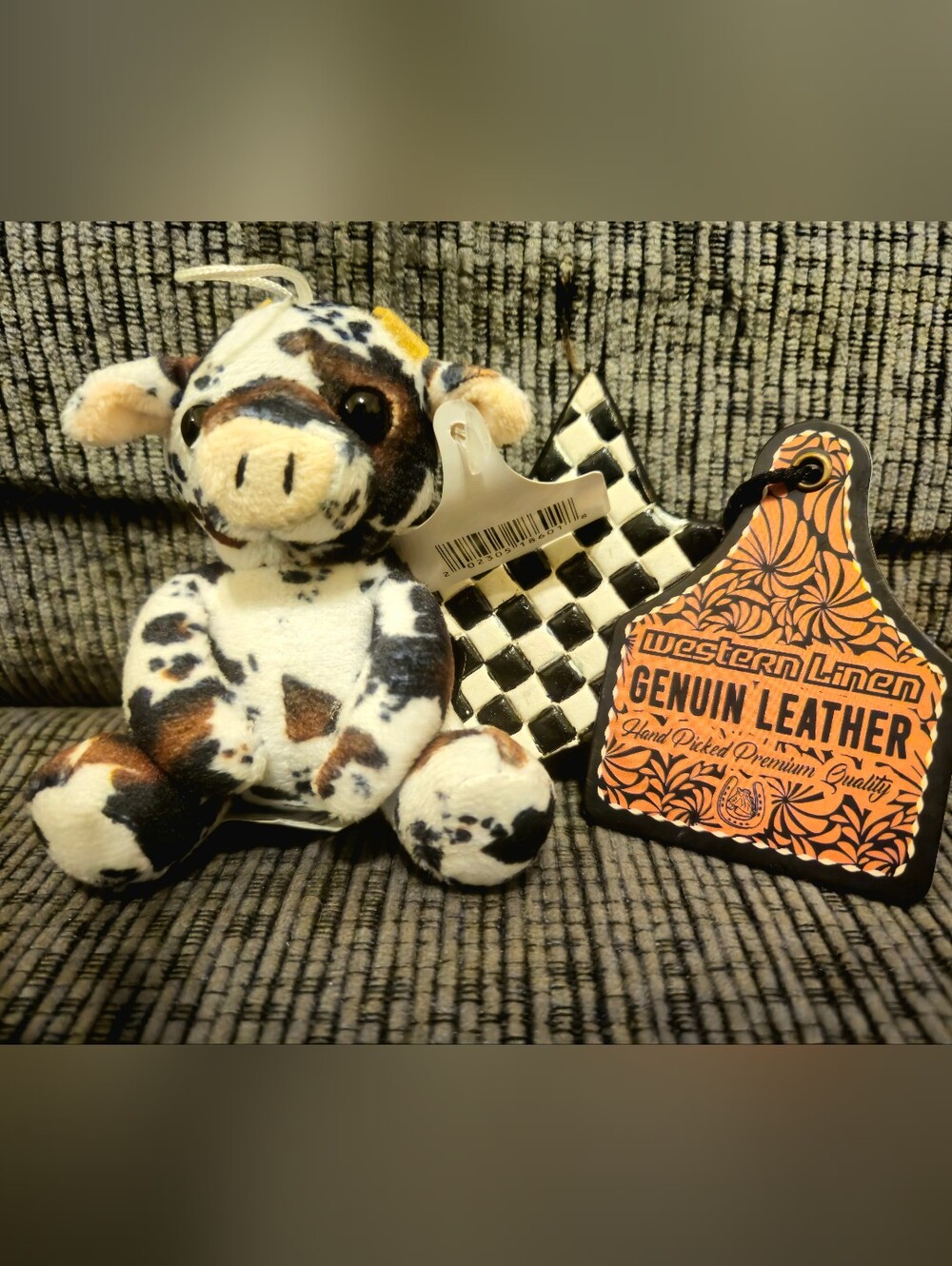Genuine Leather Black And White Checkered Keychain And Farm Pal